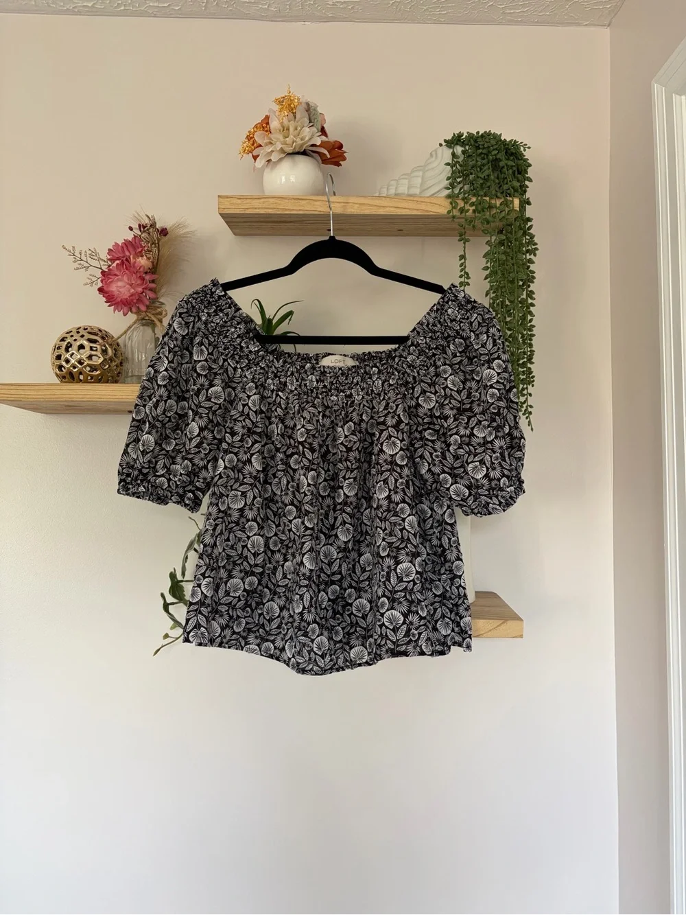 LOFT Floral Off-Shoulder Smocked Top with Puff Sleeves - Black/White